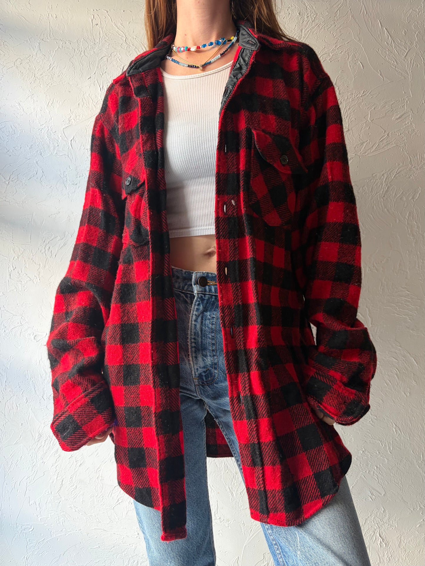 Vintage 'Woolrich' Red Plaid Knit Shit / Large