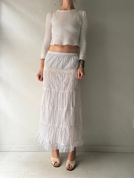 Vintage Handmade White Teared Prairie Summer Skirt / Cottage Core Midi Skirt / Medium
