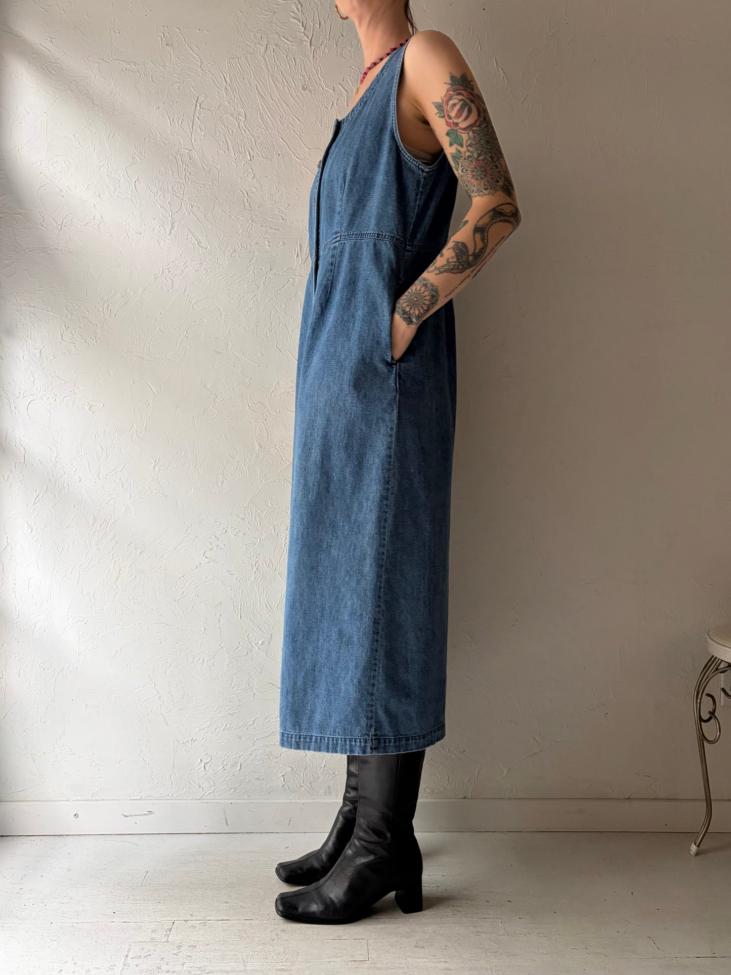 90s 'LL Bean' Vintage Denim Sleeveless Midi Dress / Medium