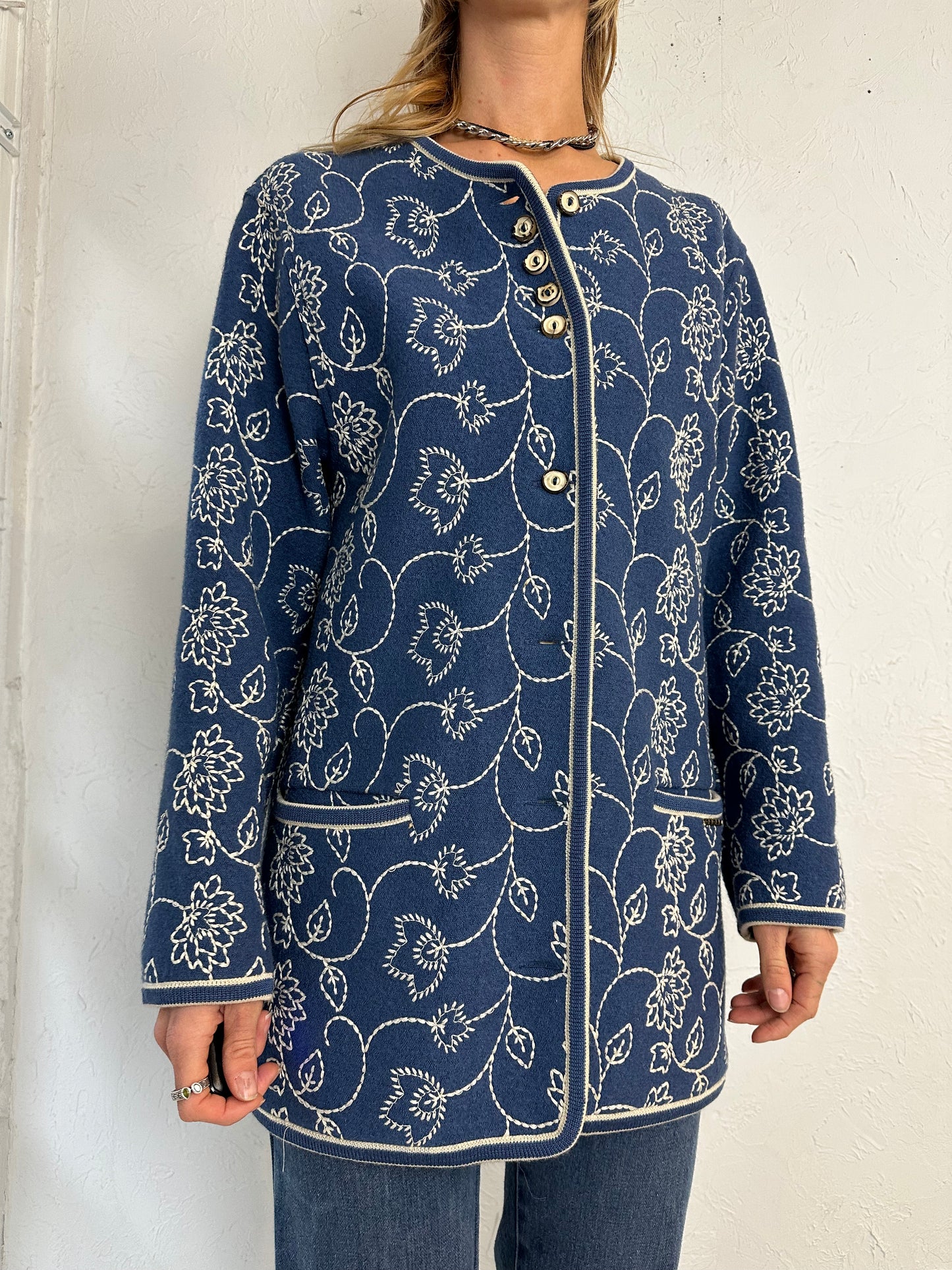 90s 'Geiger' Blue Wool Embroidered Jacket / Medium