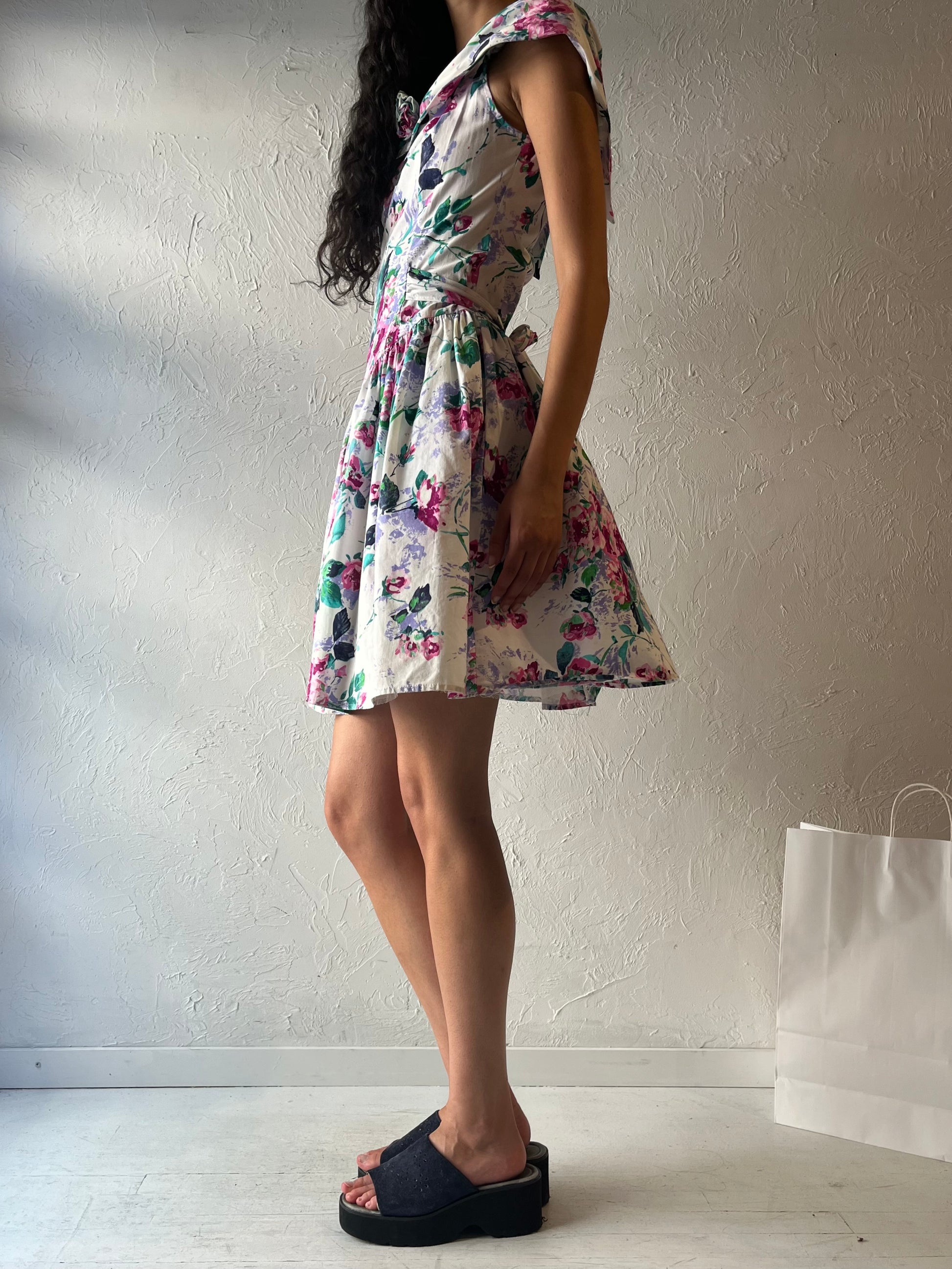 byer too 90s dress 90s 'Byer Too' White Floral Print Mini Dress / Small