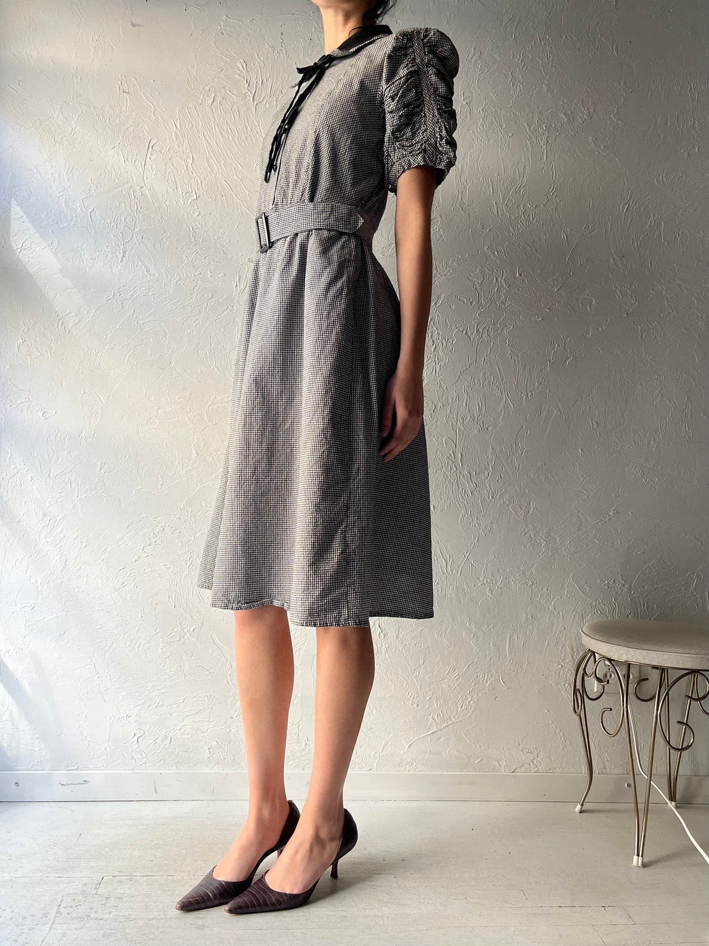 90s 'Kue Li' Black & White Plaid Preppy School Girl Dress / Vintage Academia Midi Dress / Small /