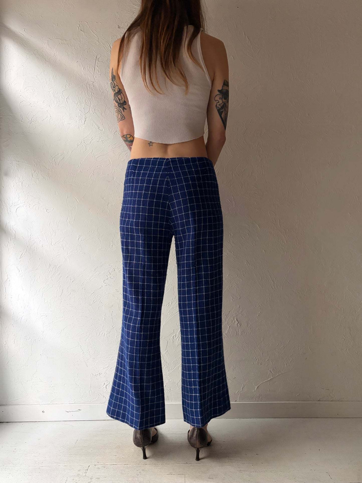 70s 'Joanna' Blue Plaid Classic Preppy Tailored Knit Pants / Medium