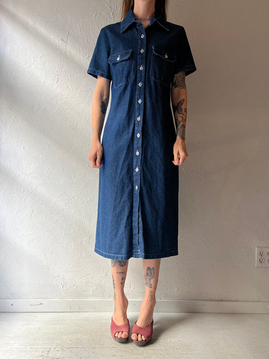 90's 'Tall Girl' Dark Denim Minimalist Western Cottagecore Button Up Maxi Dress / Medium