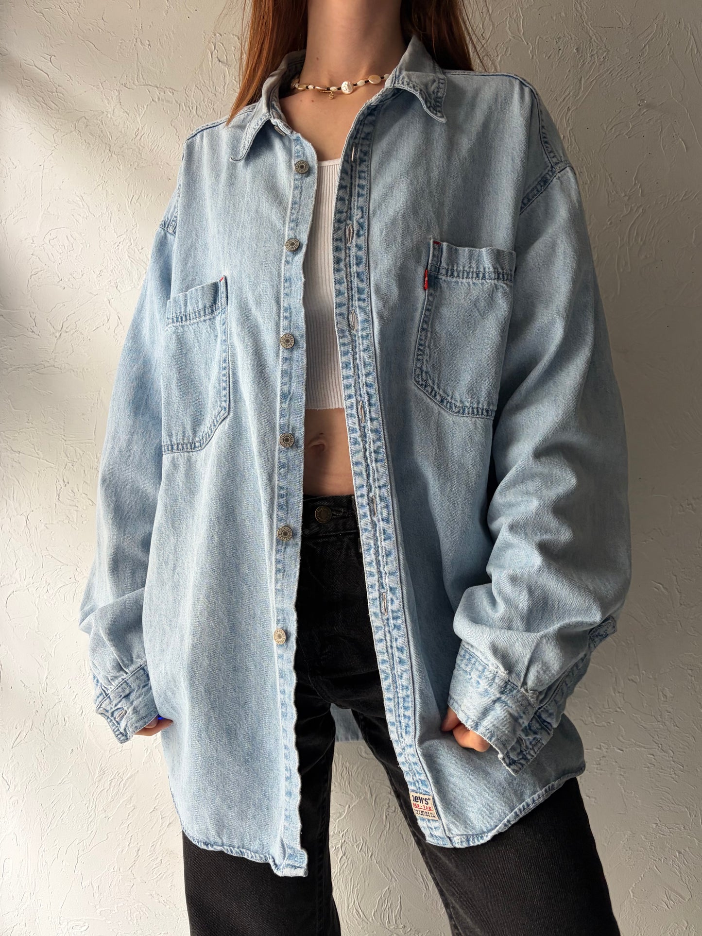 90s 'Levis' Light Wash Denim Button Up Mens Shirt / XL