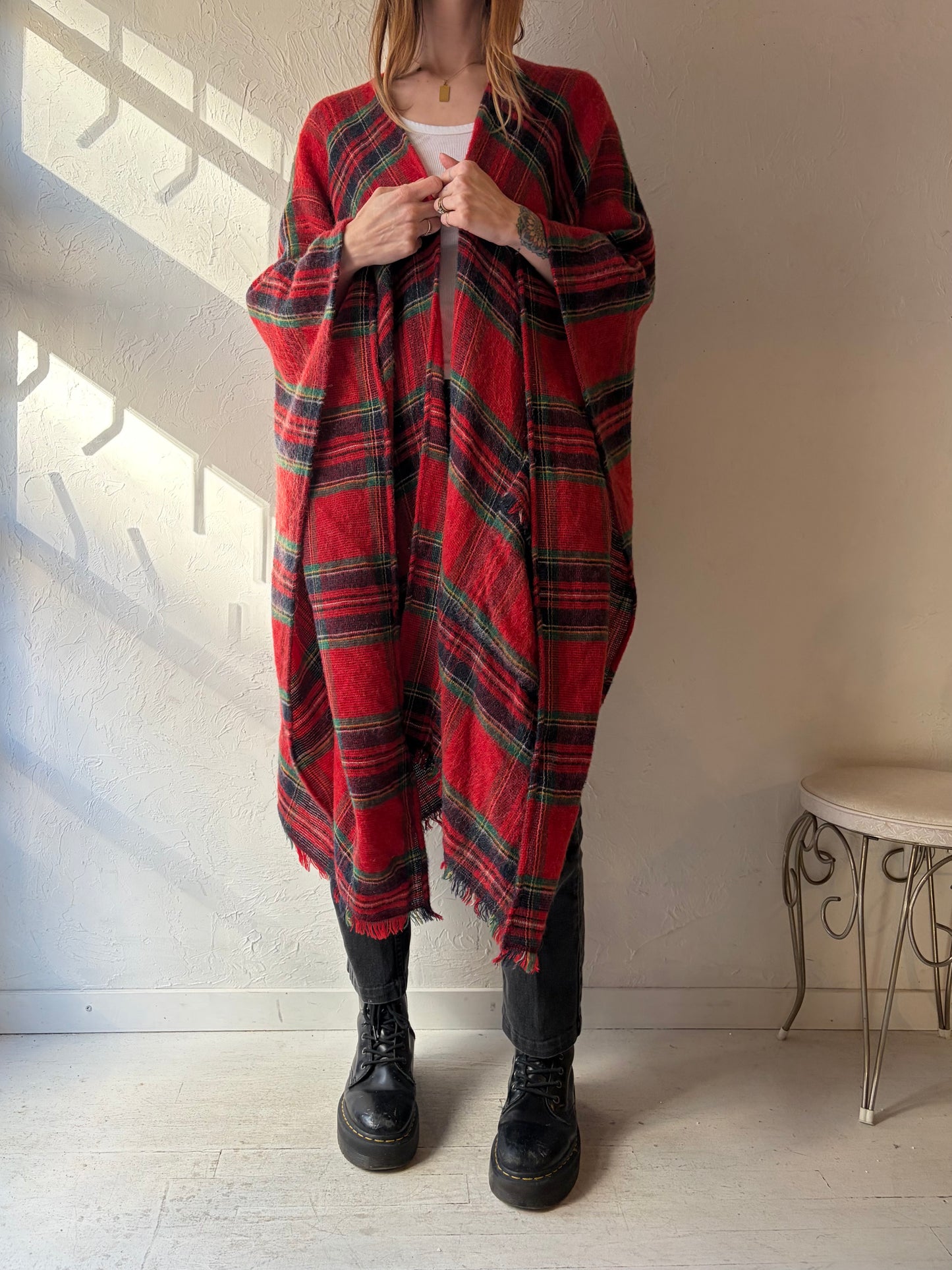 90s 'Proportion Petite' Plaid Mohair Blend Poncho / One Size