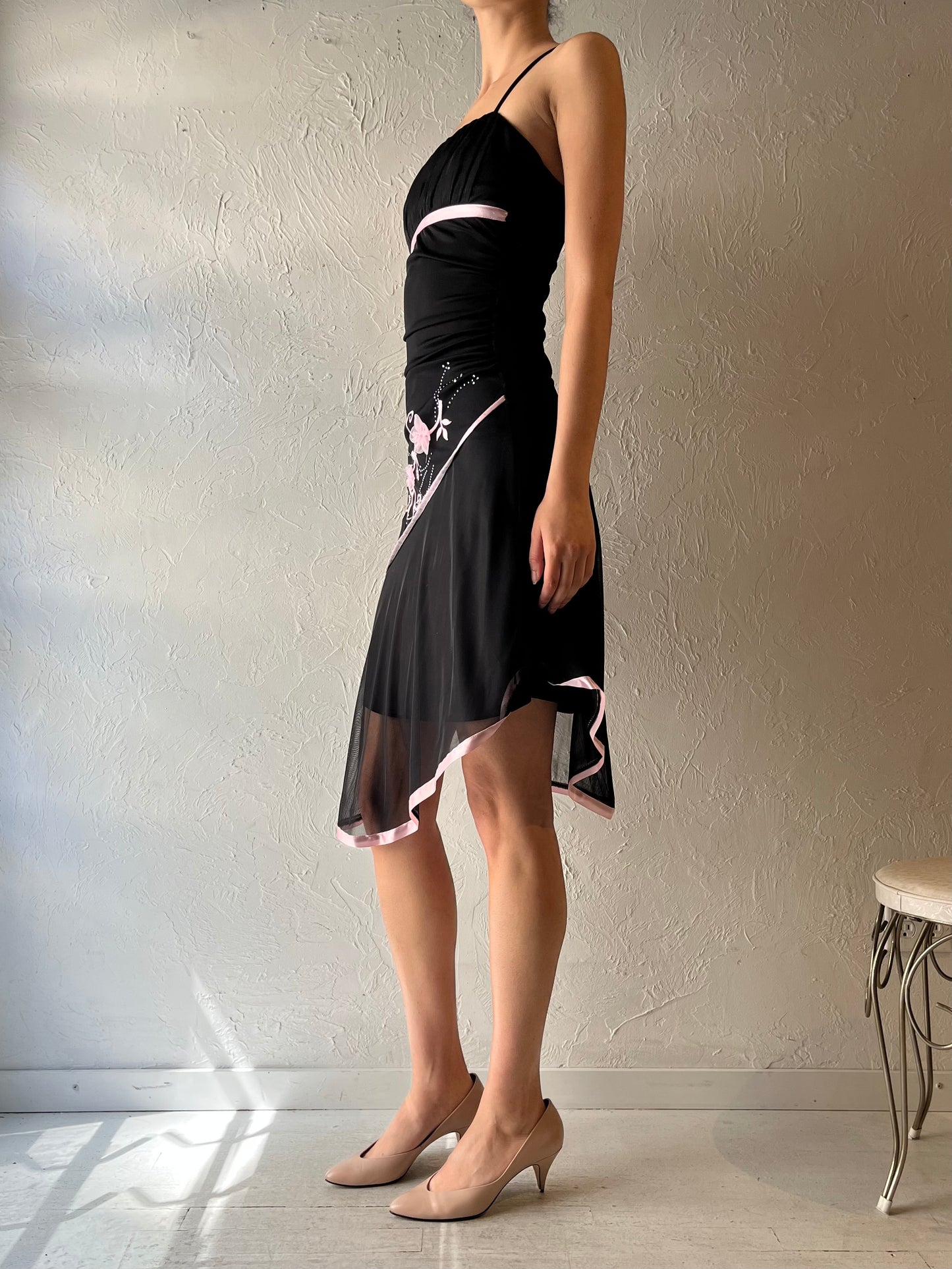 Y2k 'Mariposa' Black Assymetical Mesh Spring Midi Dress / XS