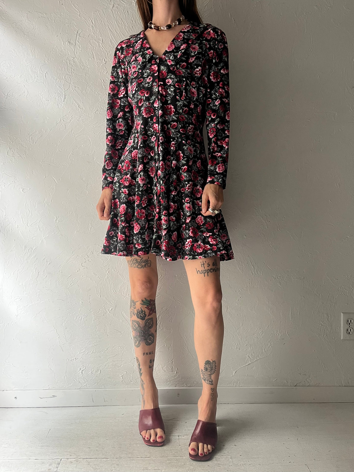 90s 'Jappa' Collared Long Sleeve Floral Mini Dress / Medium