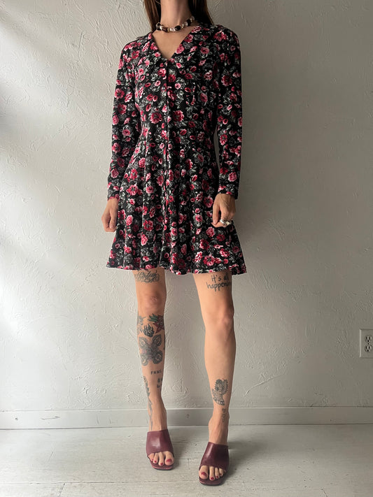 90s 'Jappa' Collared Long Sleeve Floral Mini Dress / Medium
