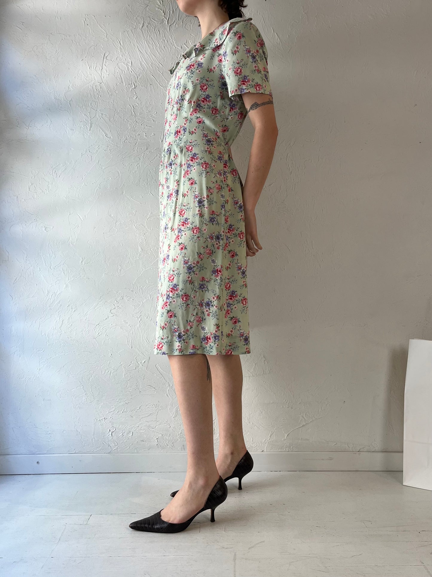 90s 'R&K' Green Floral Rayon Midi Dress / Large