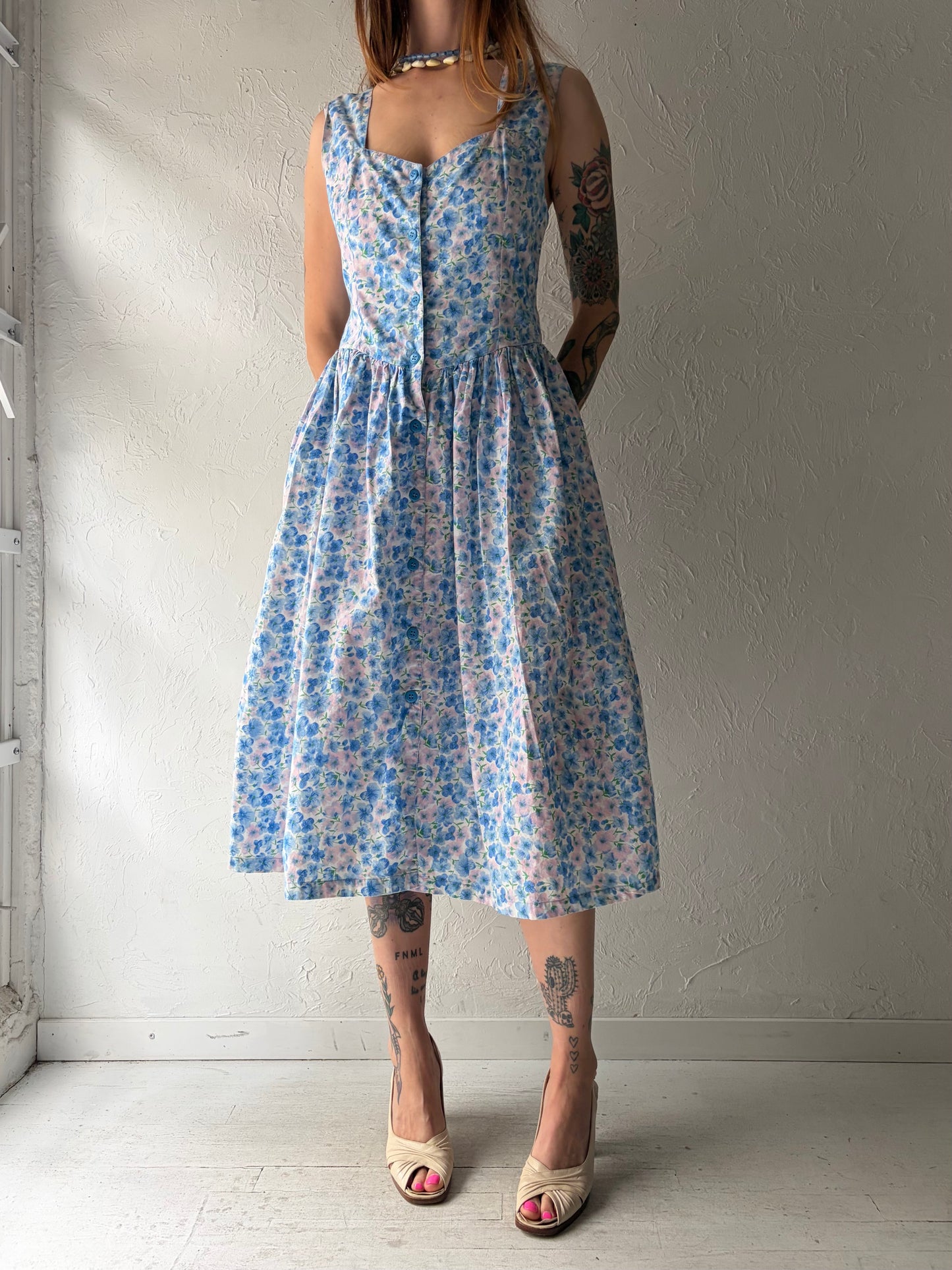 90s 'Mikado' Blue Floral Spring Dress / Small