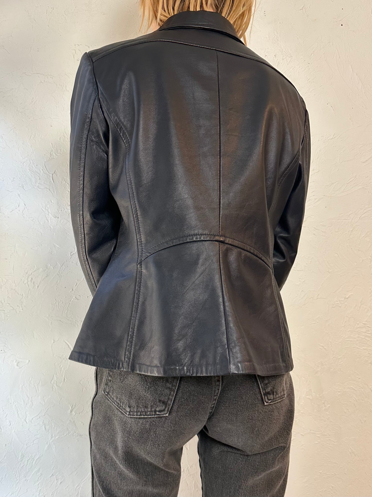 90s 'Danier' Fitted Black Leather Jacket / Medium