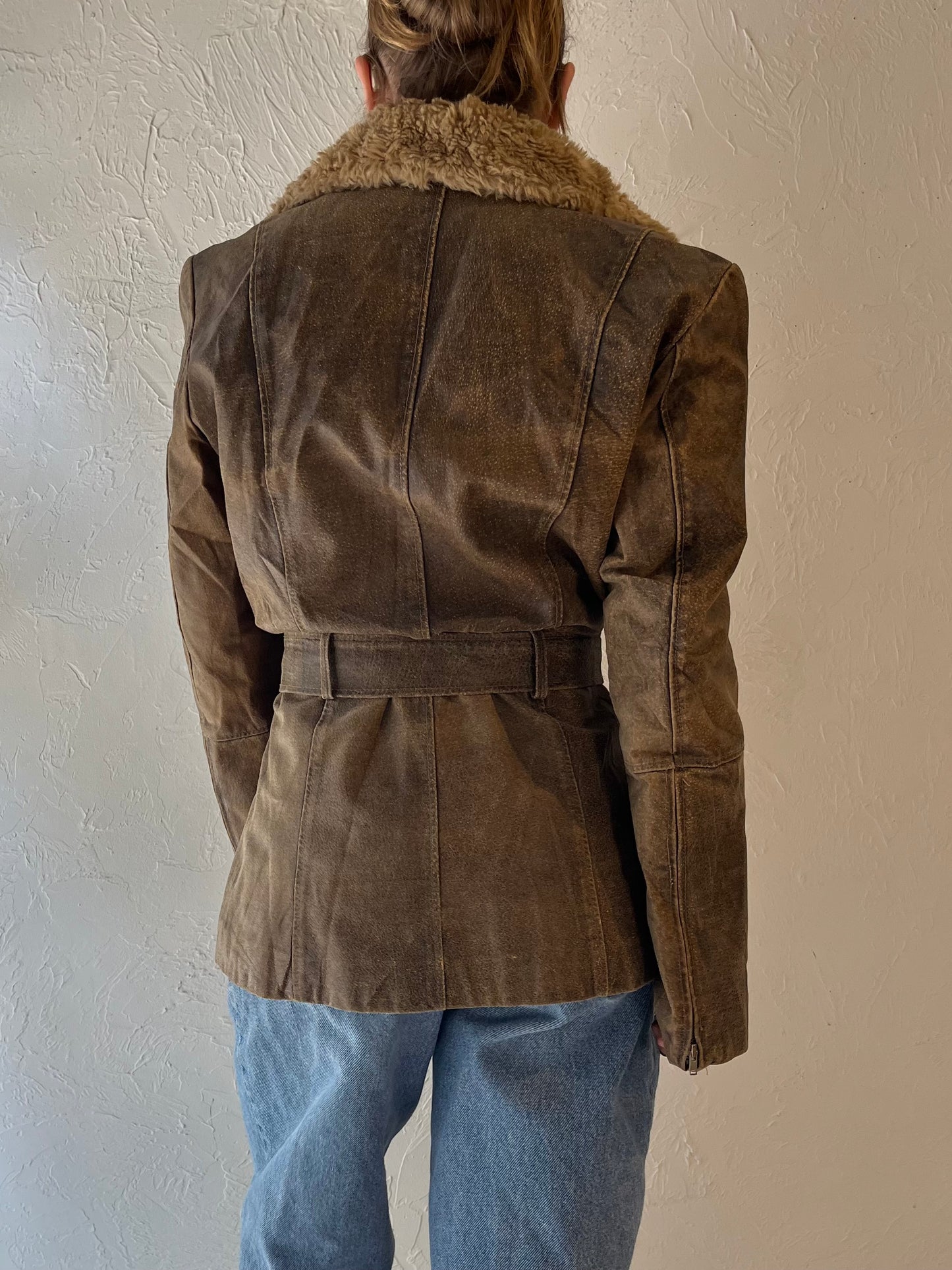 Y2k 'Winlit' Brown Leather Jacket with Faux Fur Trim / Small