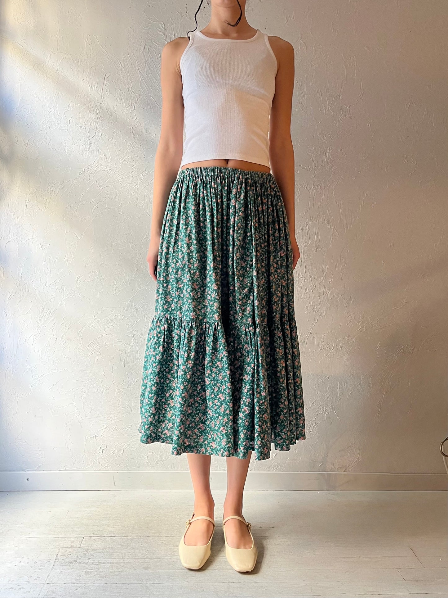 Vintage Handmade Green Cotton Floral Skirt / Small