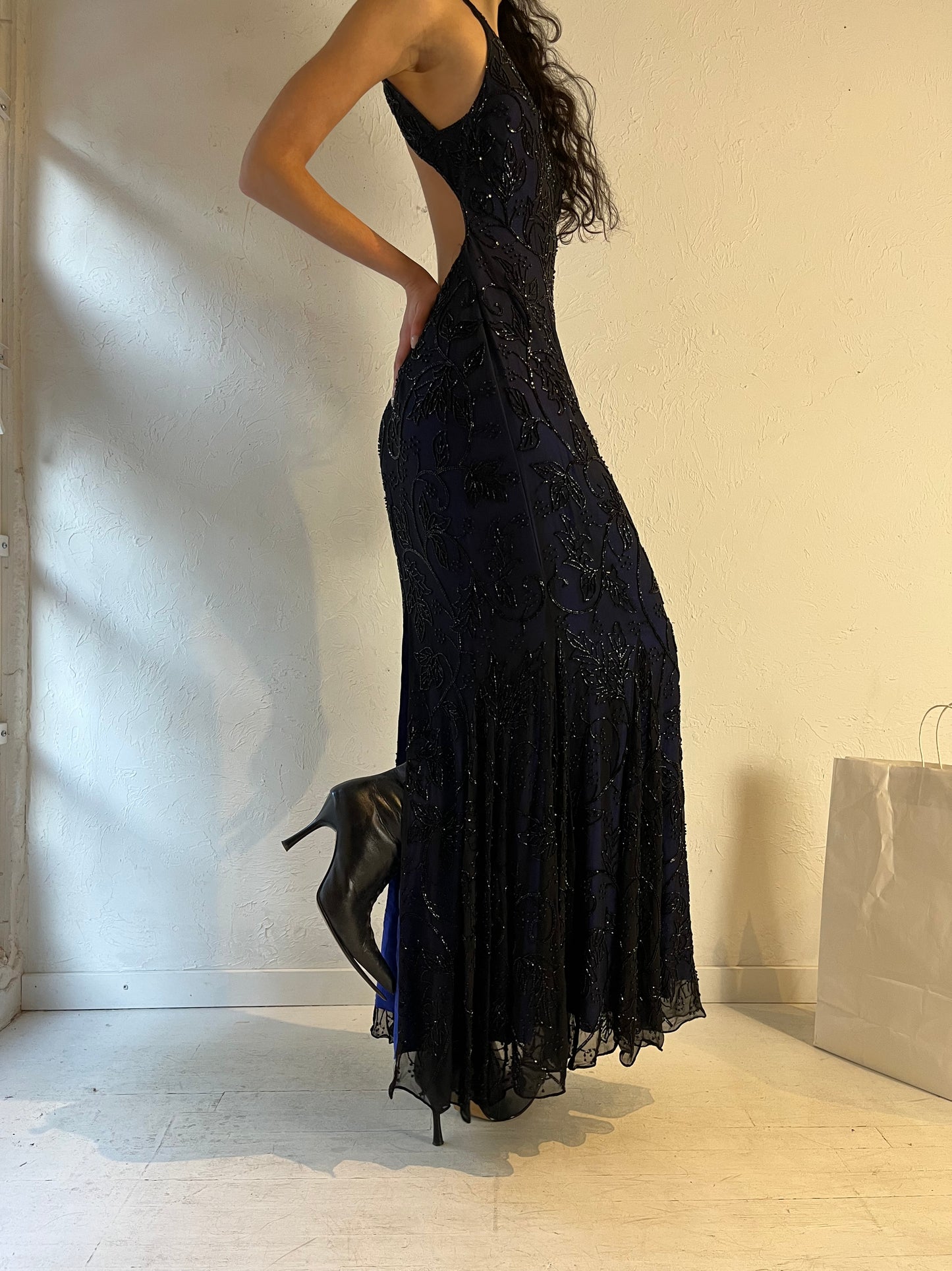 Y2K ‘Sean Collection’ Navy Blue Beaded Formal Dress / Large