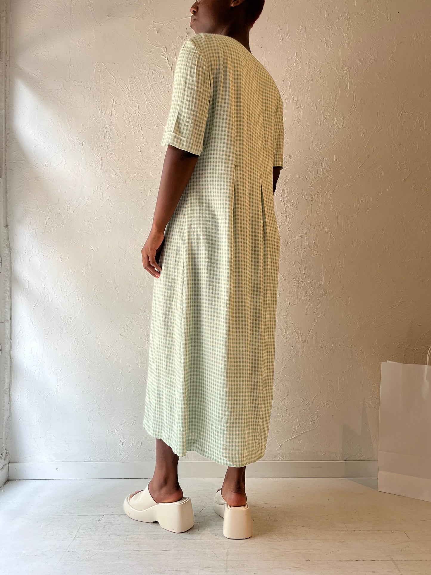 90s 'Lady Carol' Green Gingham Midi Dress / Large