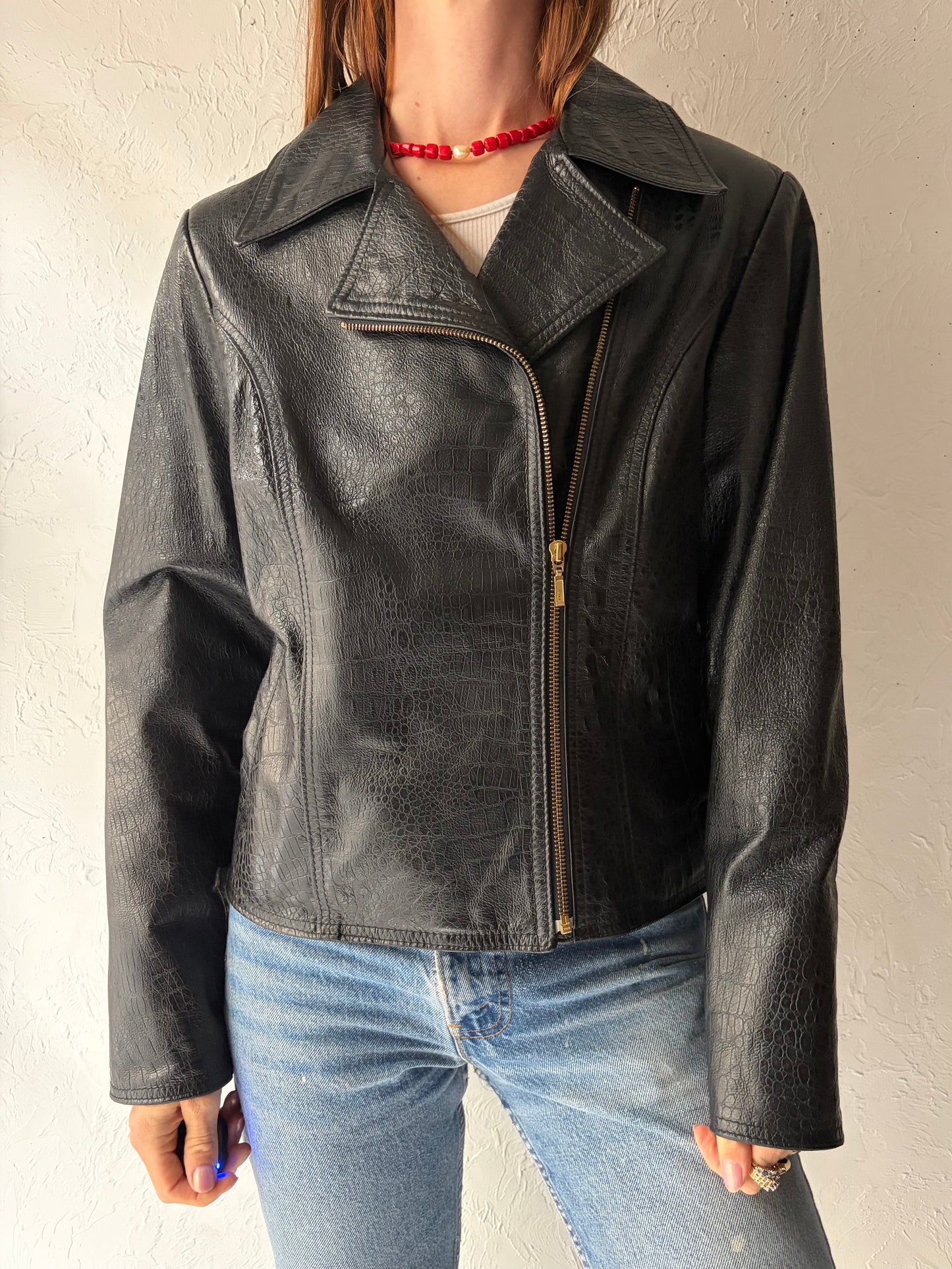 90s 'Leather Ranch' Black Leather Jacket / Small