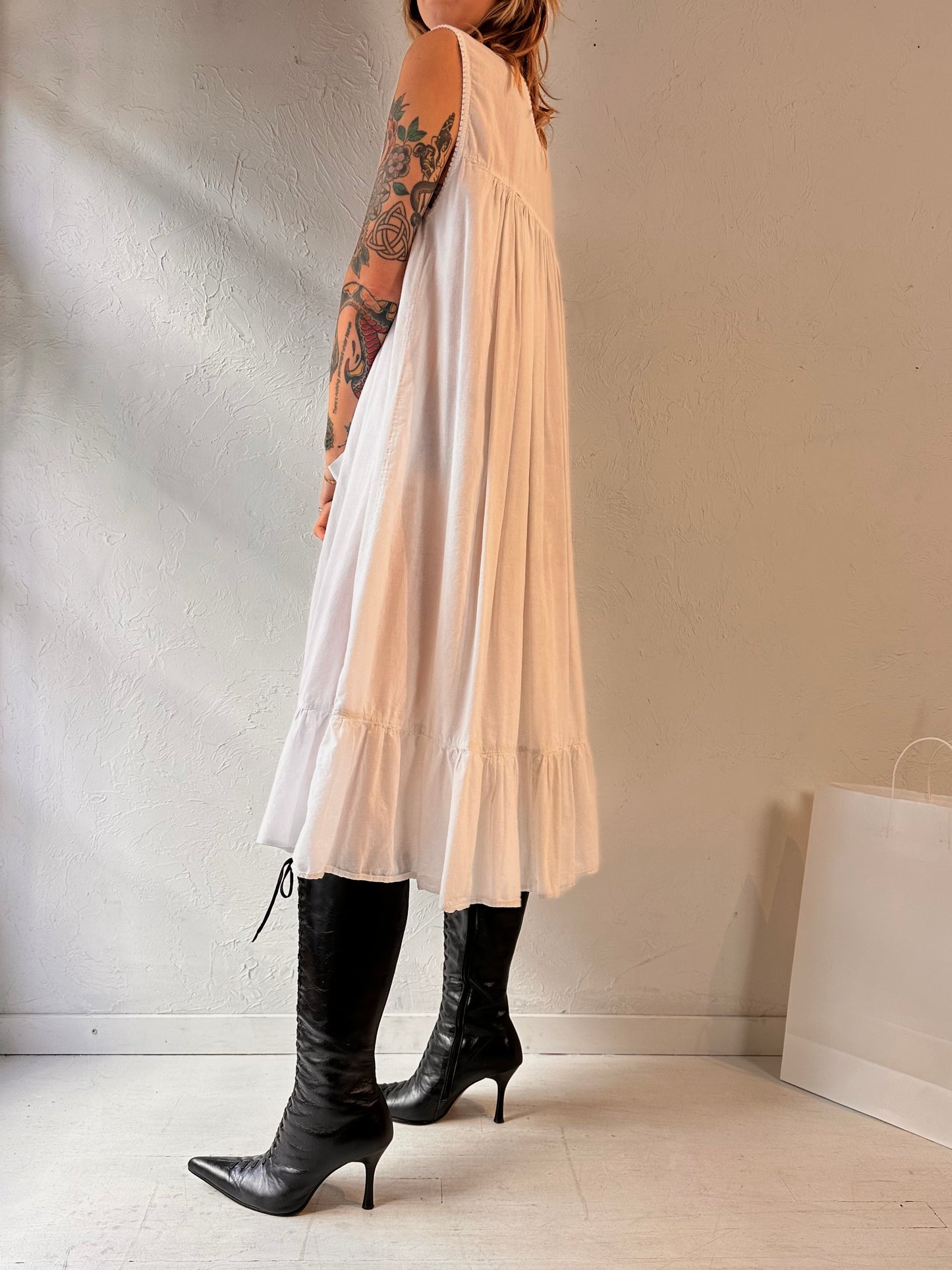 90s 'Adorable' White Cotton Midi Dress / Medium