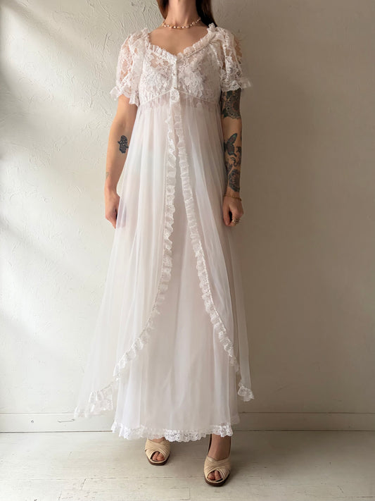 80s White Romantic Lace Lingerie Set / Vintage 1980s Night Gown Peignoir  Robe / Small- Medium