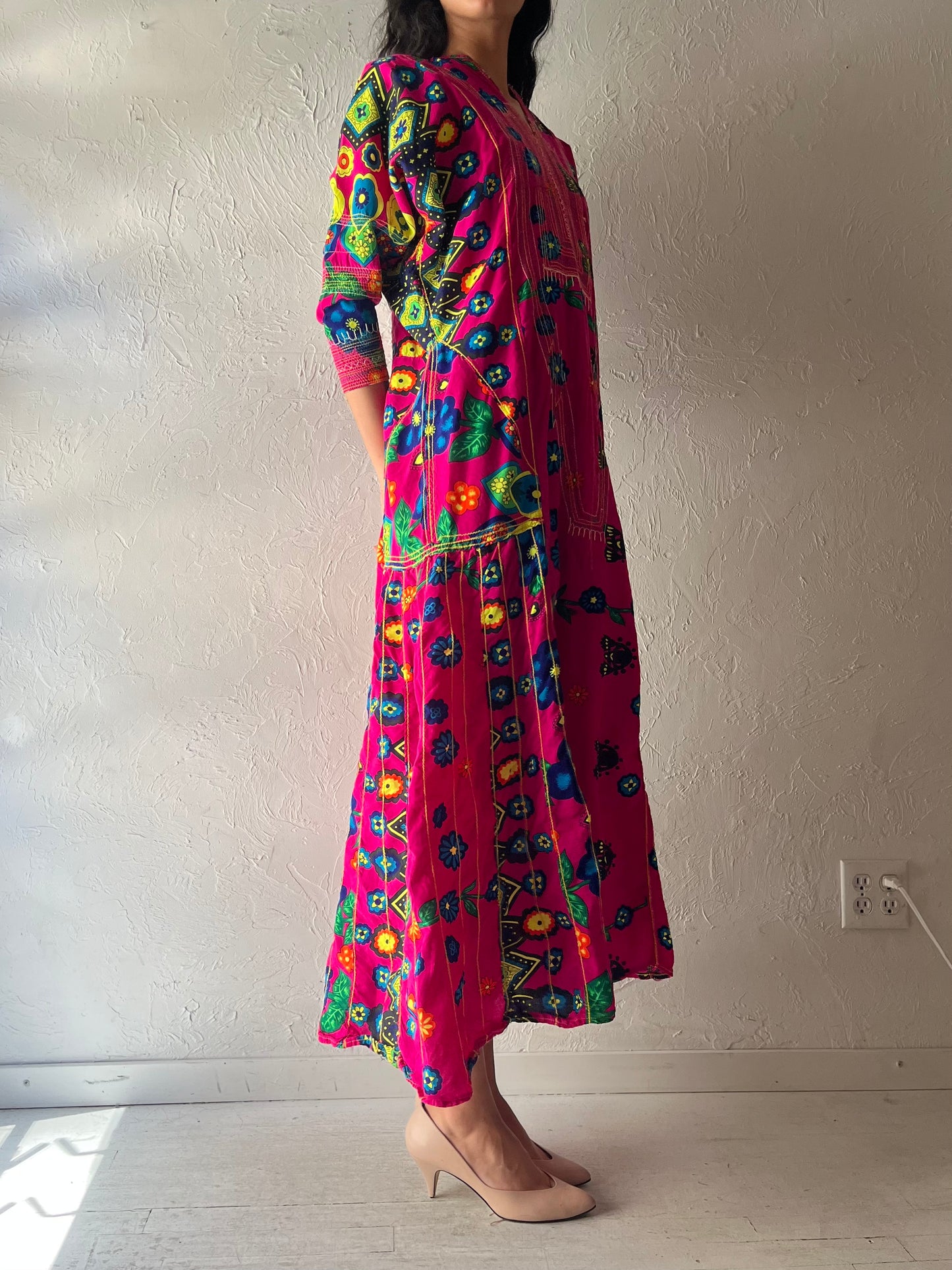 Vintage Handmade Pink Floral Retro Boho Hippie Summer Maxi Dress / Medium