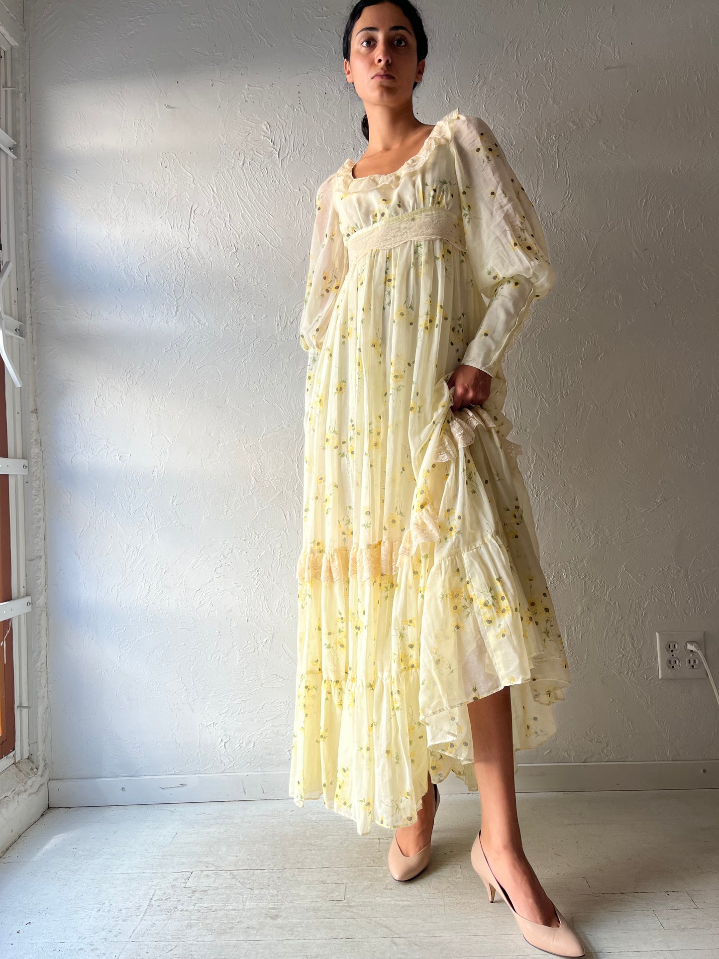 70s 'Shamash & Yofi Gunne Sax' Yellow Floral Long Sleeve Peasant Dress / Small