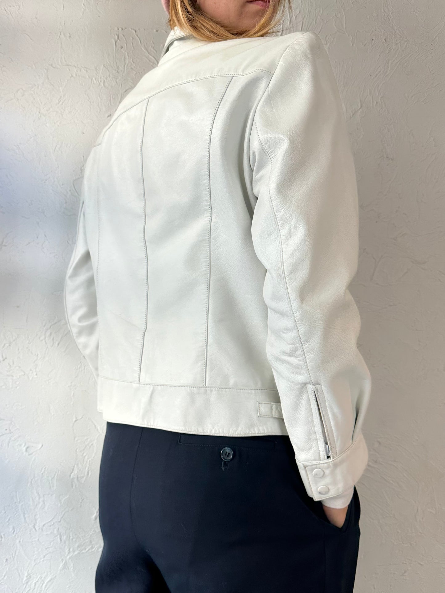 90s 'Winlit' White Leather Jacket / Small