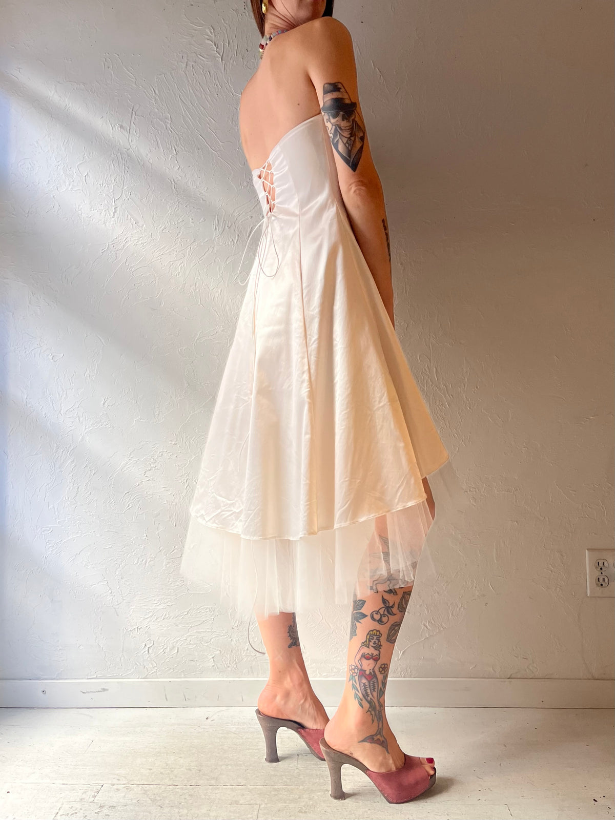 90s ‘Bain de Nuit Paris’ Ivory Satin Strapless Romantic Formal Mini Party Formal Wedding Dress / Small