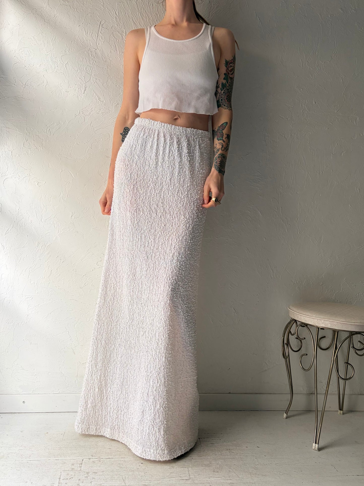 90s 'Dressed in White' Textured White Maxi Skirt / Small