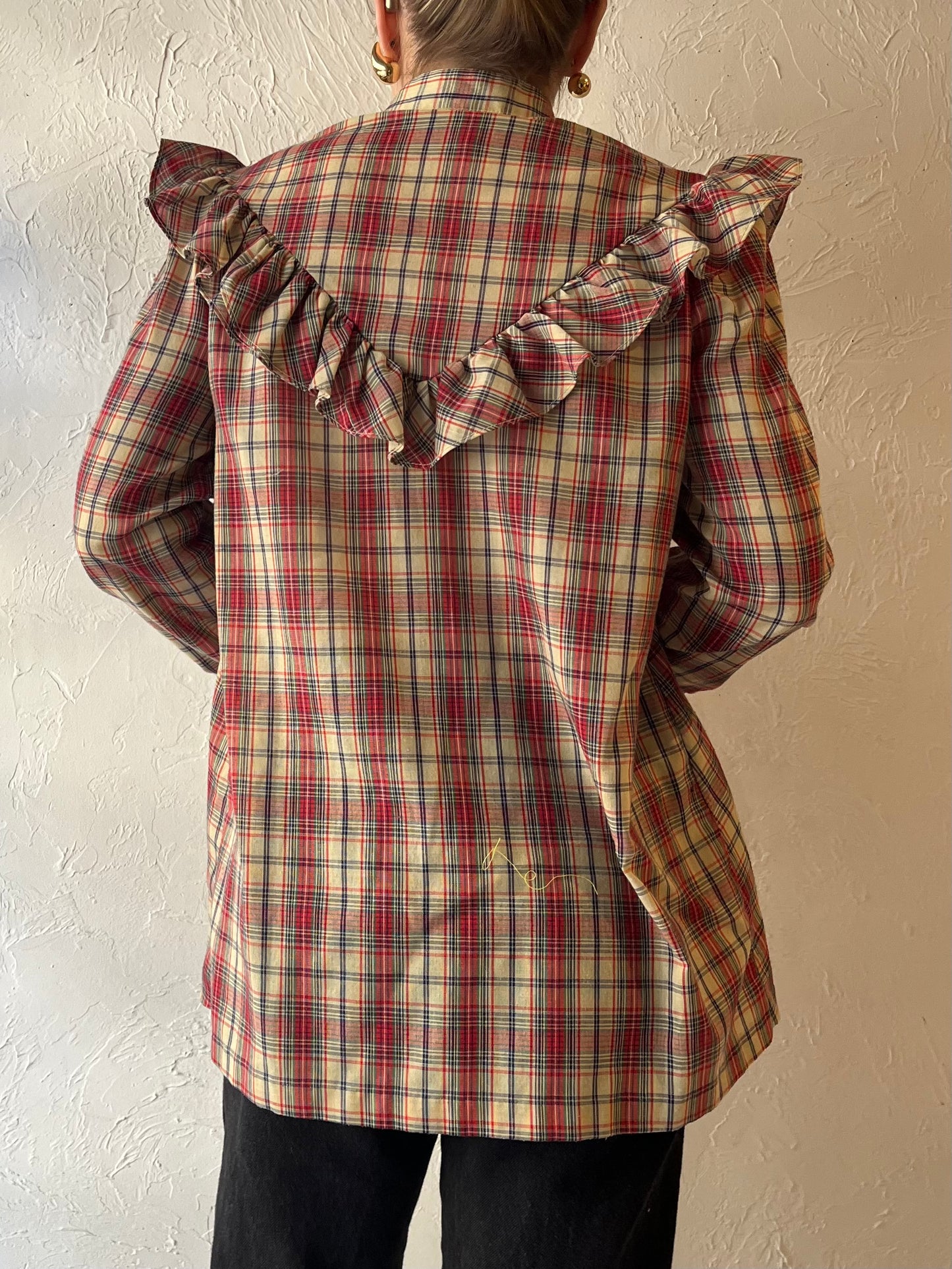 70s ‘Andra Inc’ Plaid Western Ruffle Blouse / Medim