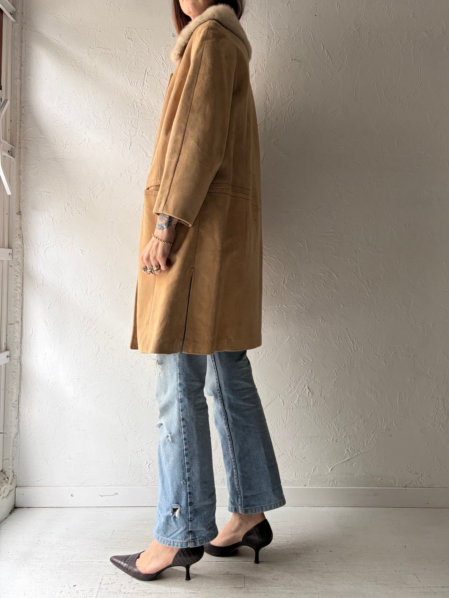 70s Tan Almost Famous Fur Collar Suede Coat  / Vintage Penny Lane Style Leather Jacket / Small