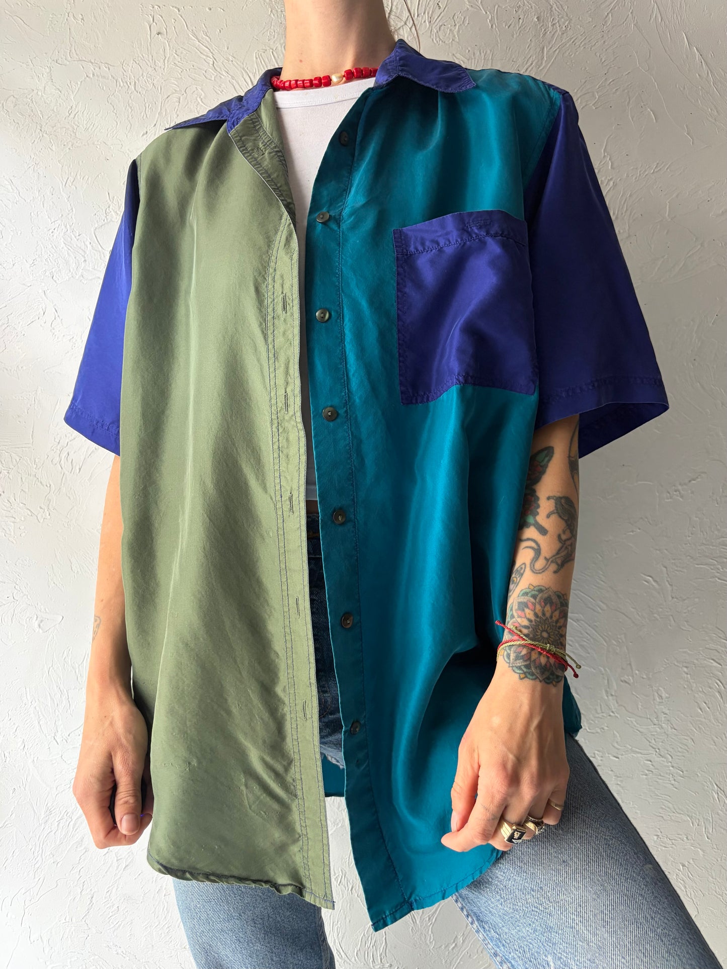90s 'Fitting Image' Color Blocked Retro Silk Minimalist Normcore Button Up Shirt / Large