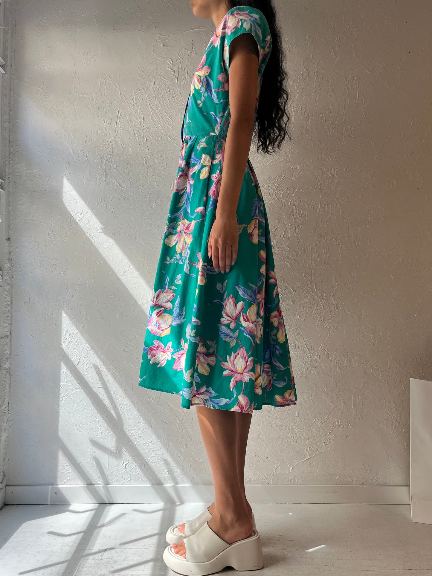 90s 'Carol Anderson' Blue Floral Cotton Midi Dress / Small