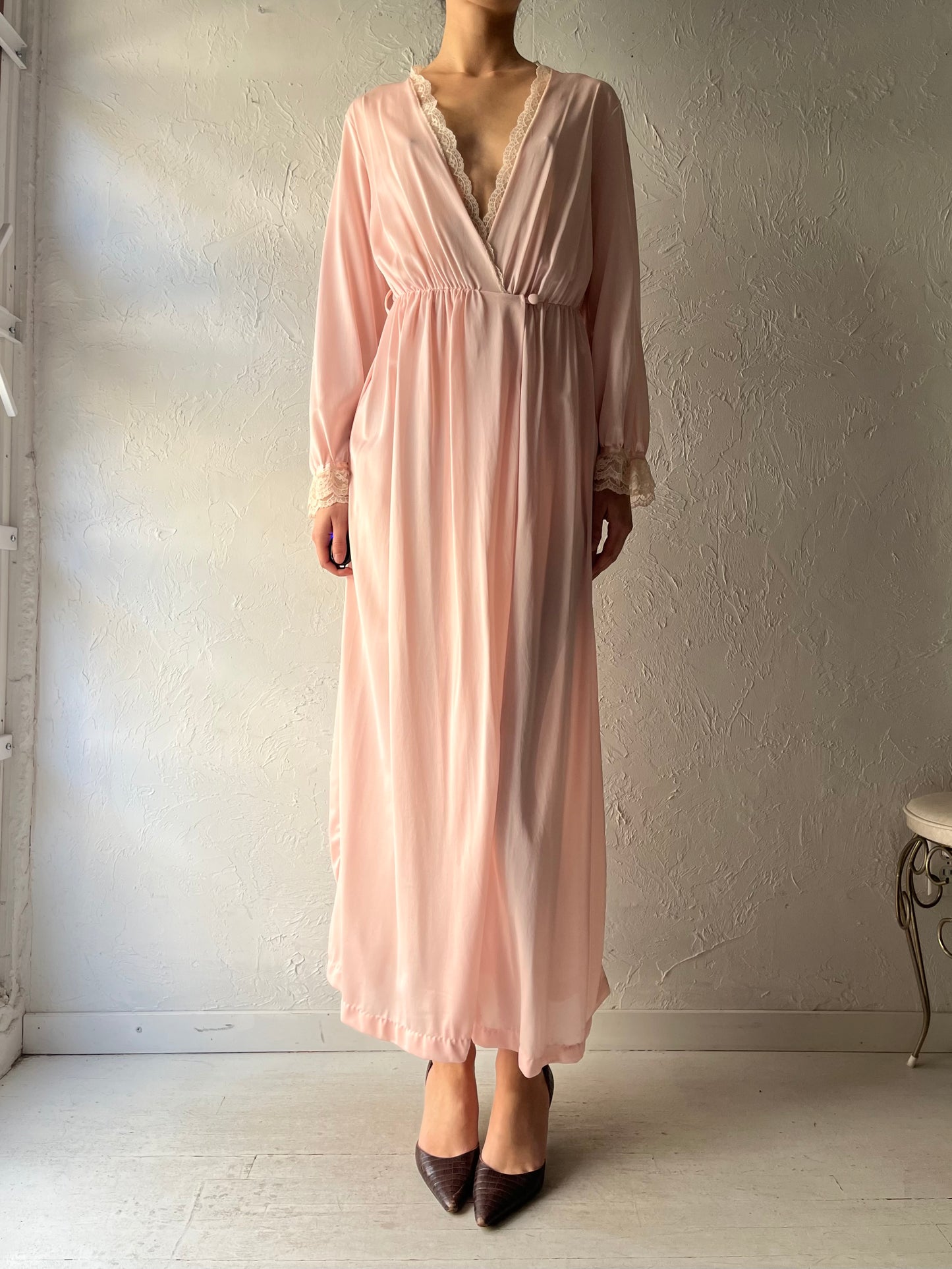 80s 'Avon' Romantic Pink Nylon Robe Slip Dress / Small