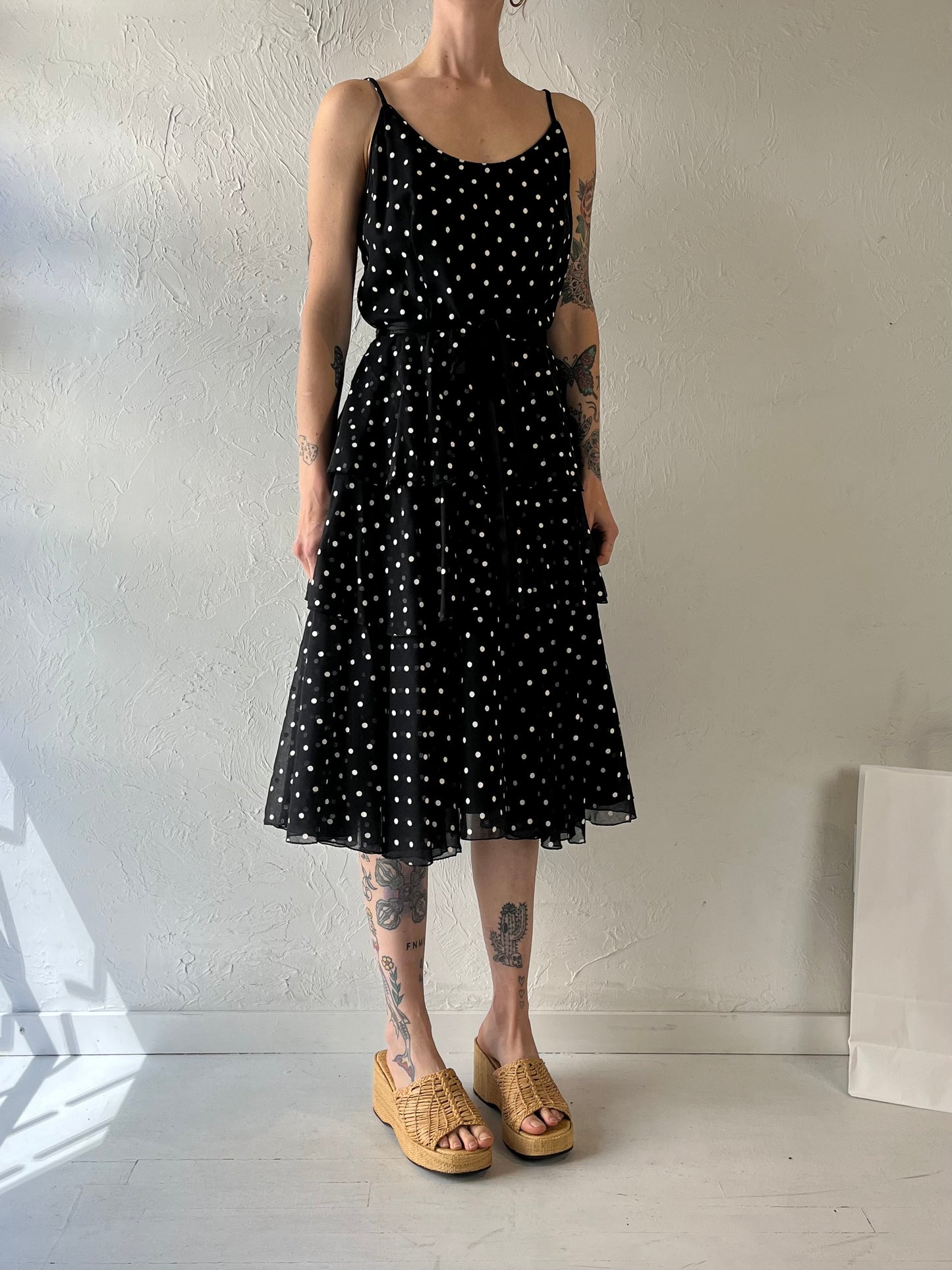 90s 'JB' Black Polka Dot Ruffle Dress / Small