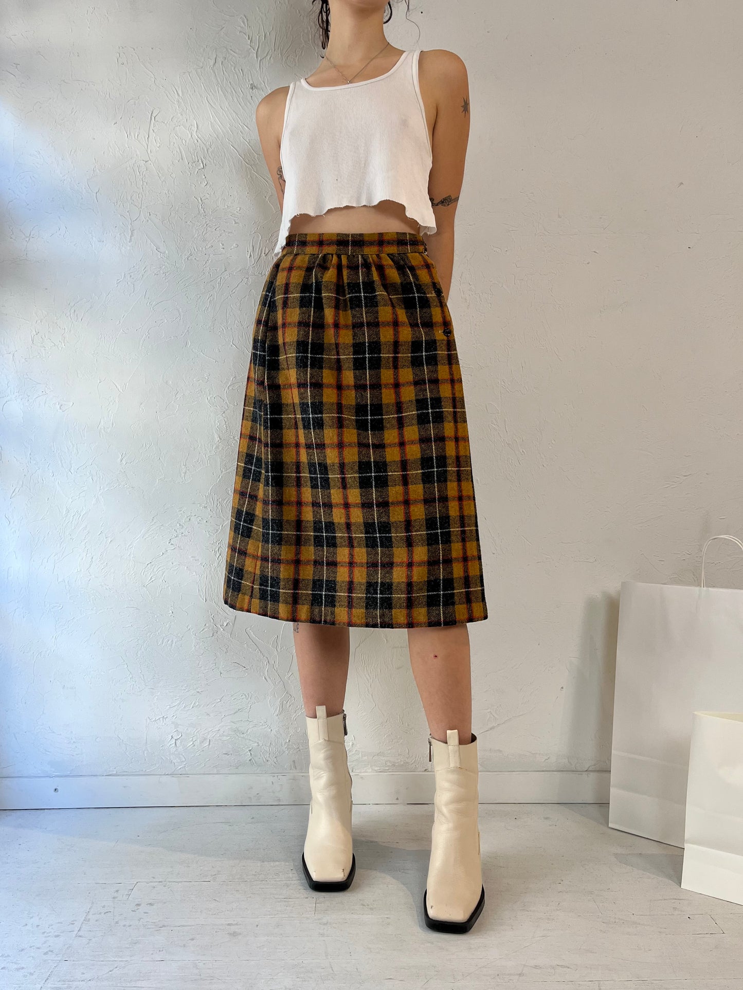 80s Yellow Plaid Midi Skirt / XS