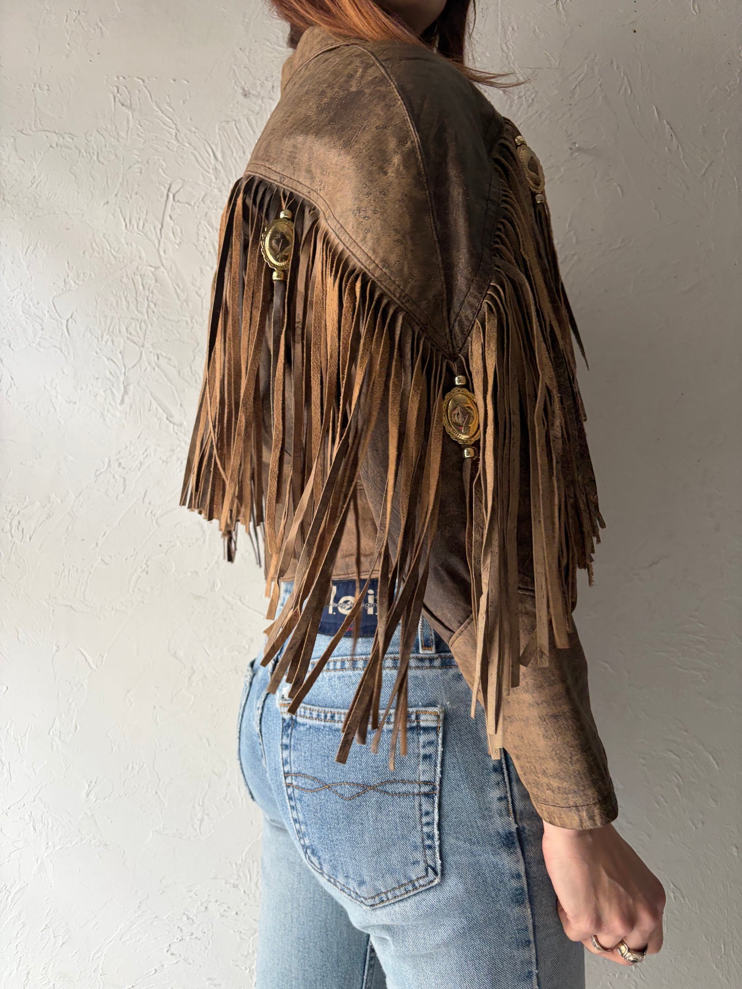 80s 'Pelican Cove' Brown Leather Western Fringe Jacket / Small