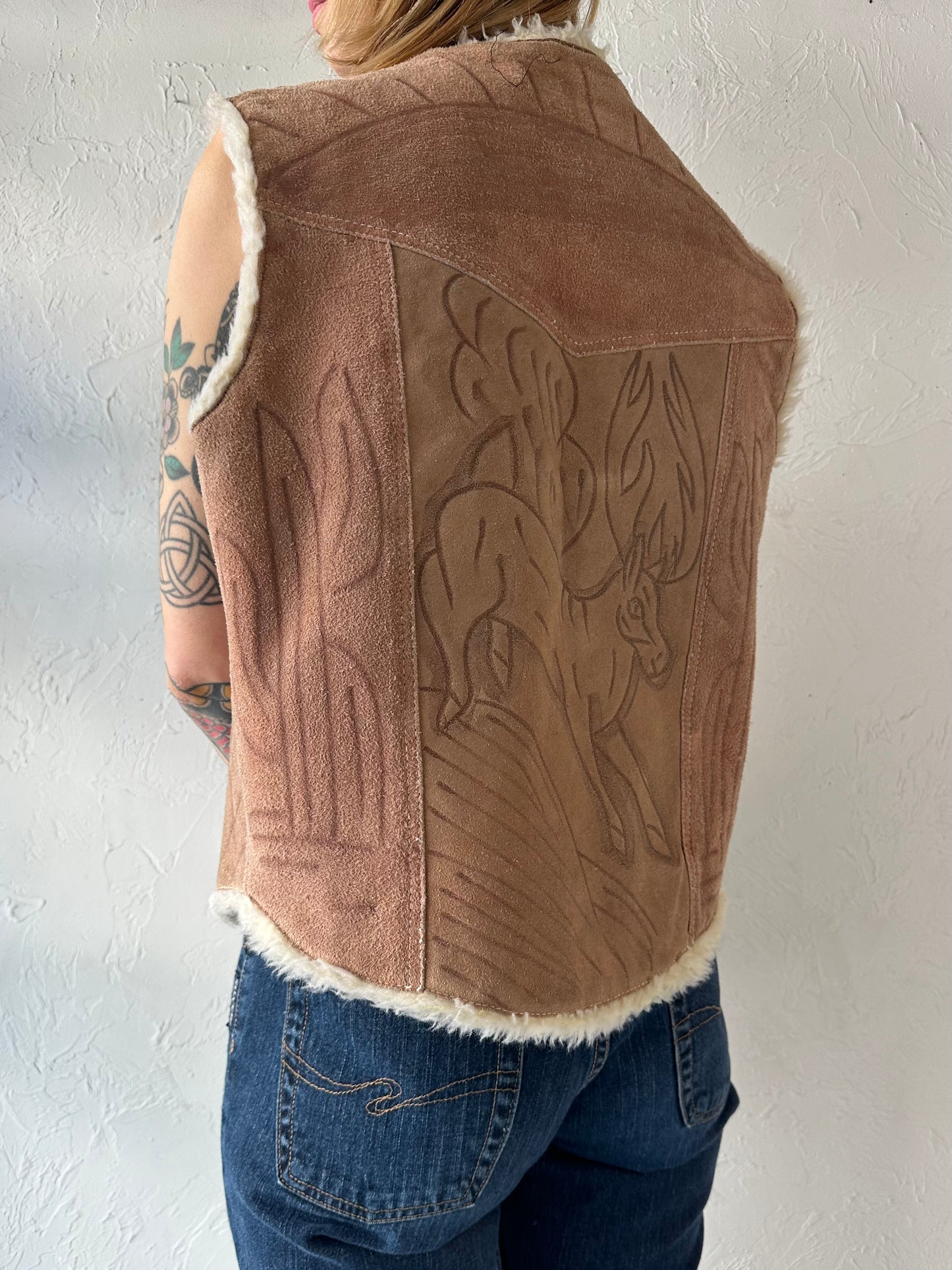 Vintage 'Genuine Leather' Embossed Suede Faux Fur Lined Vest / Large