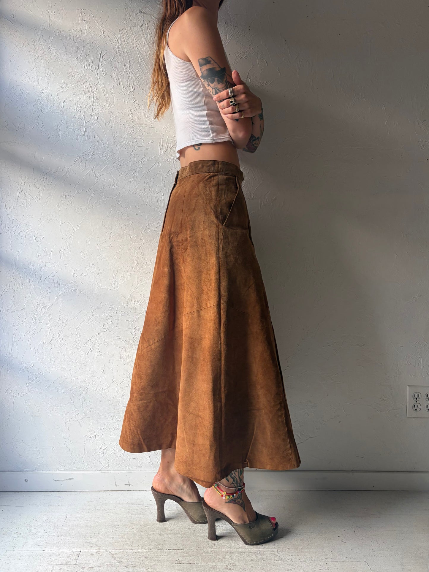 90s 'Casual Connection' Brown Suede Maxi Skirt / Medium