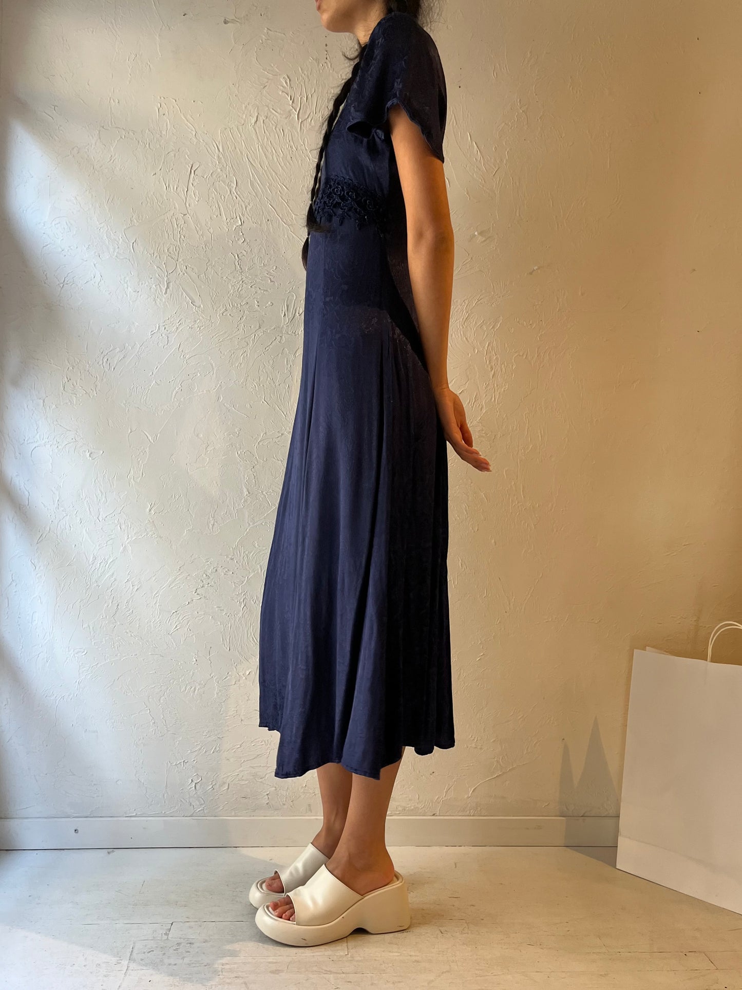 90s 'Jody' Navy Blue Silky Rayon Midi Dress / Small - Medium