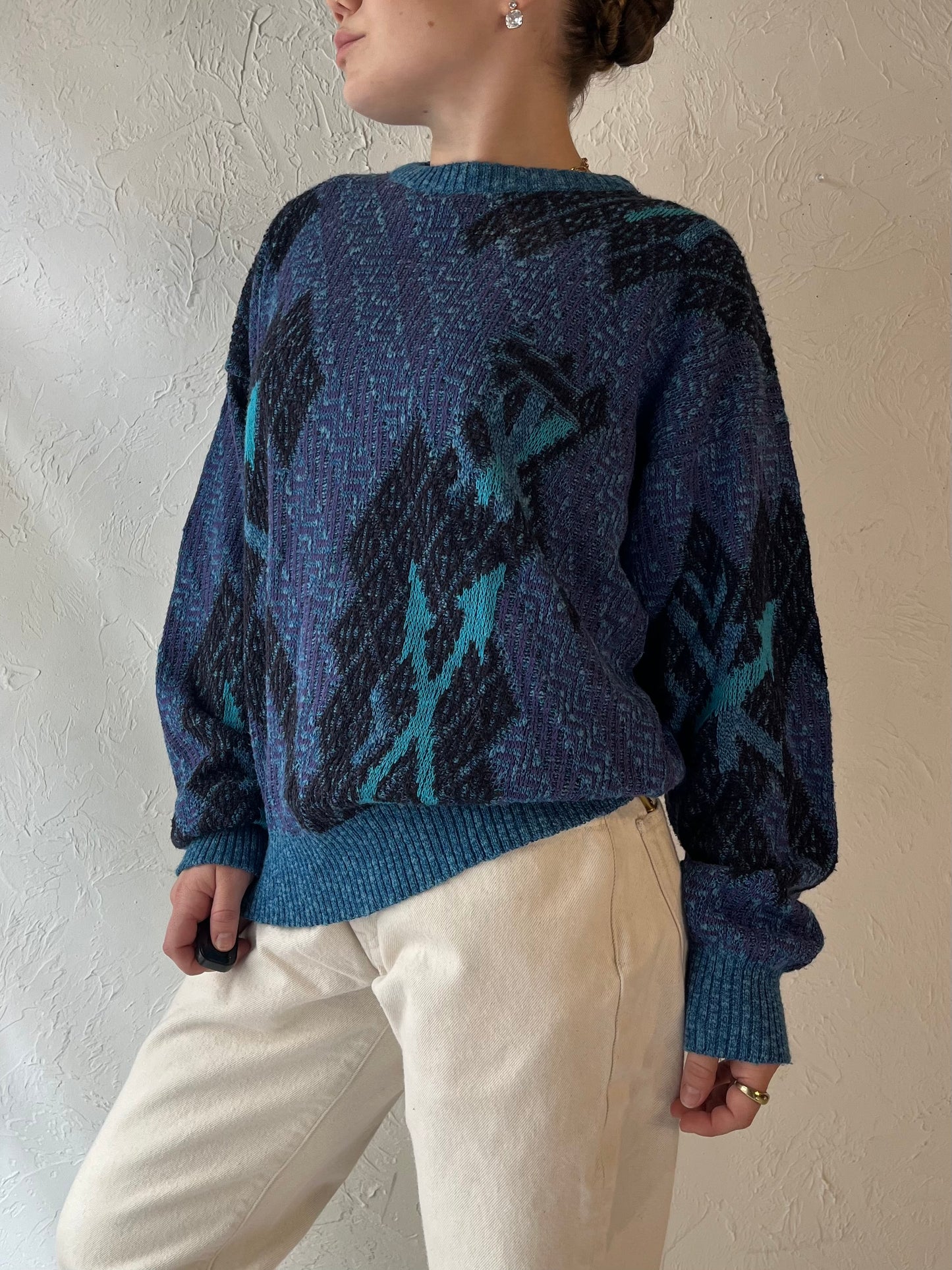 Vintage Blue Patterned Acrylic Knit Sweater / Medium