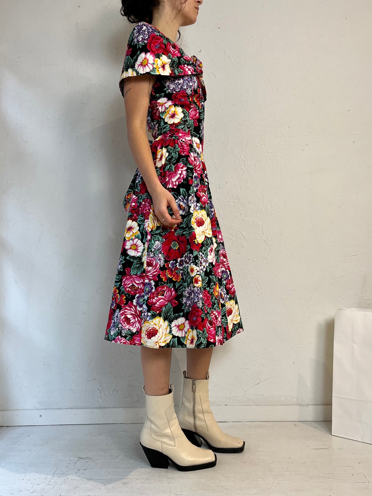 90s 'Dramatix' Floral Print Cotton Midi Dress / Medium