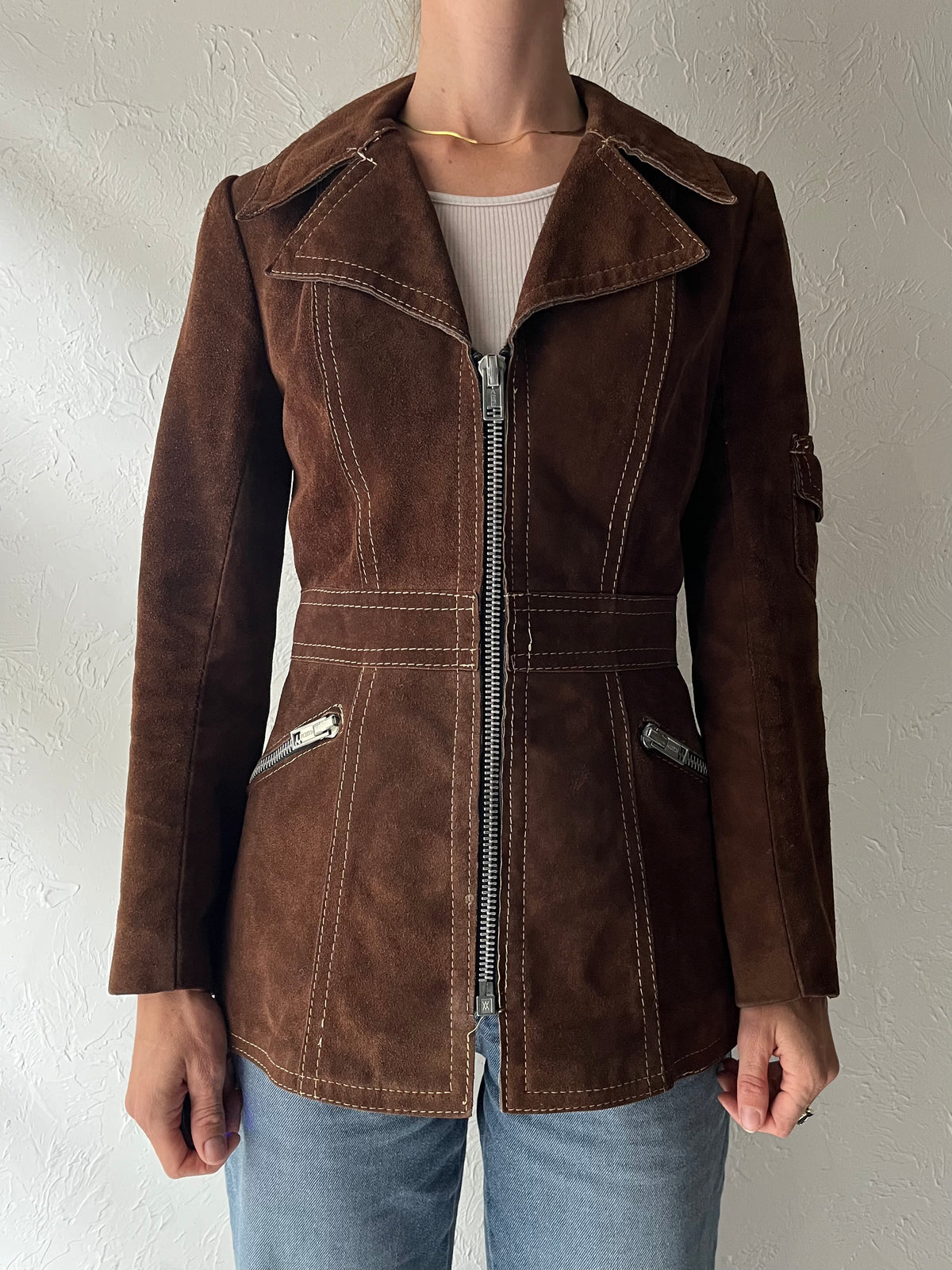 70s Brown Thick Suede Retro Utility Jacket / Small