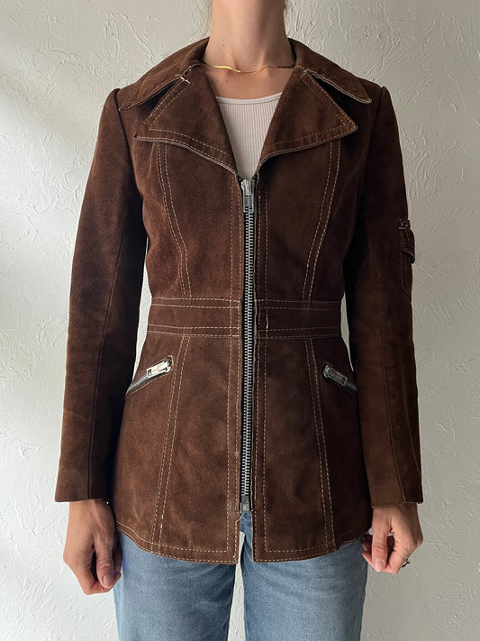70s Brown Thick Suede Retro Utility Jacket / Small