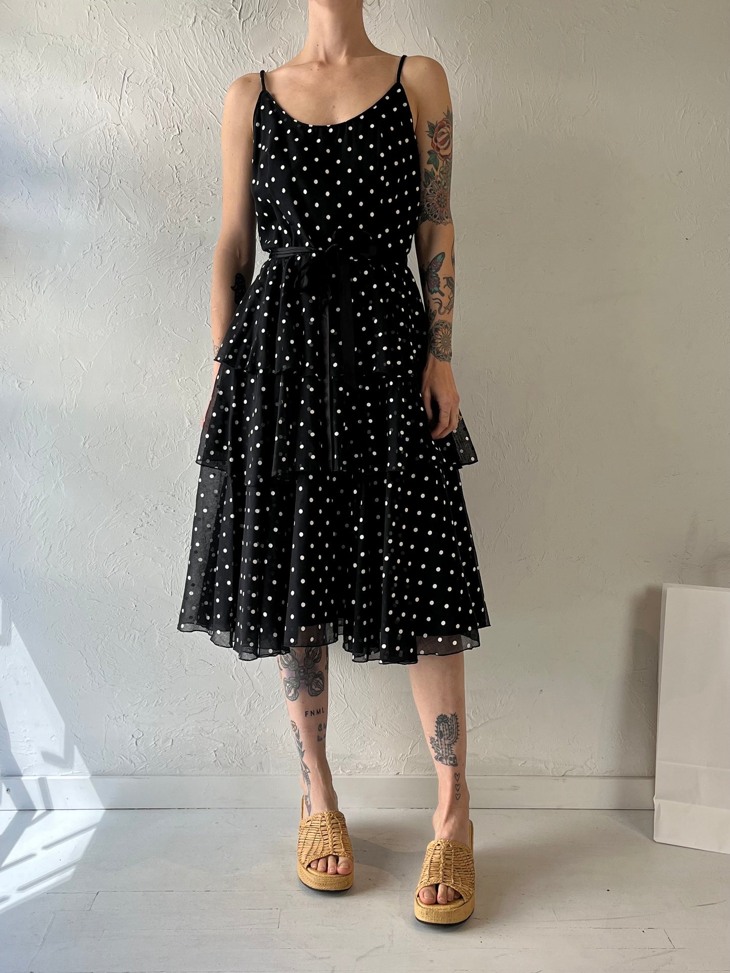 90s 'JB' Black Polka Dot Ruffle Dress / Small