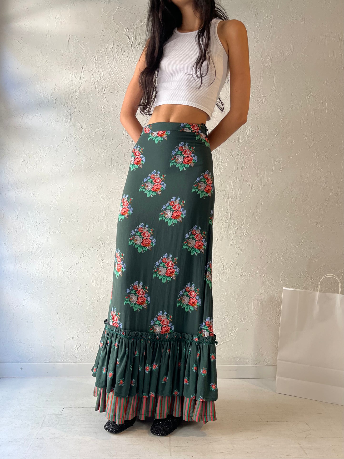 90s 'Ralph' Green Floral Maxi Skirt / Small