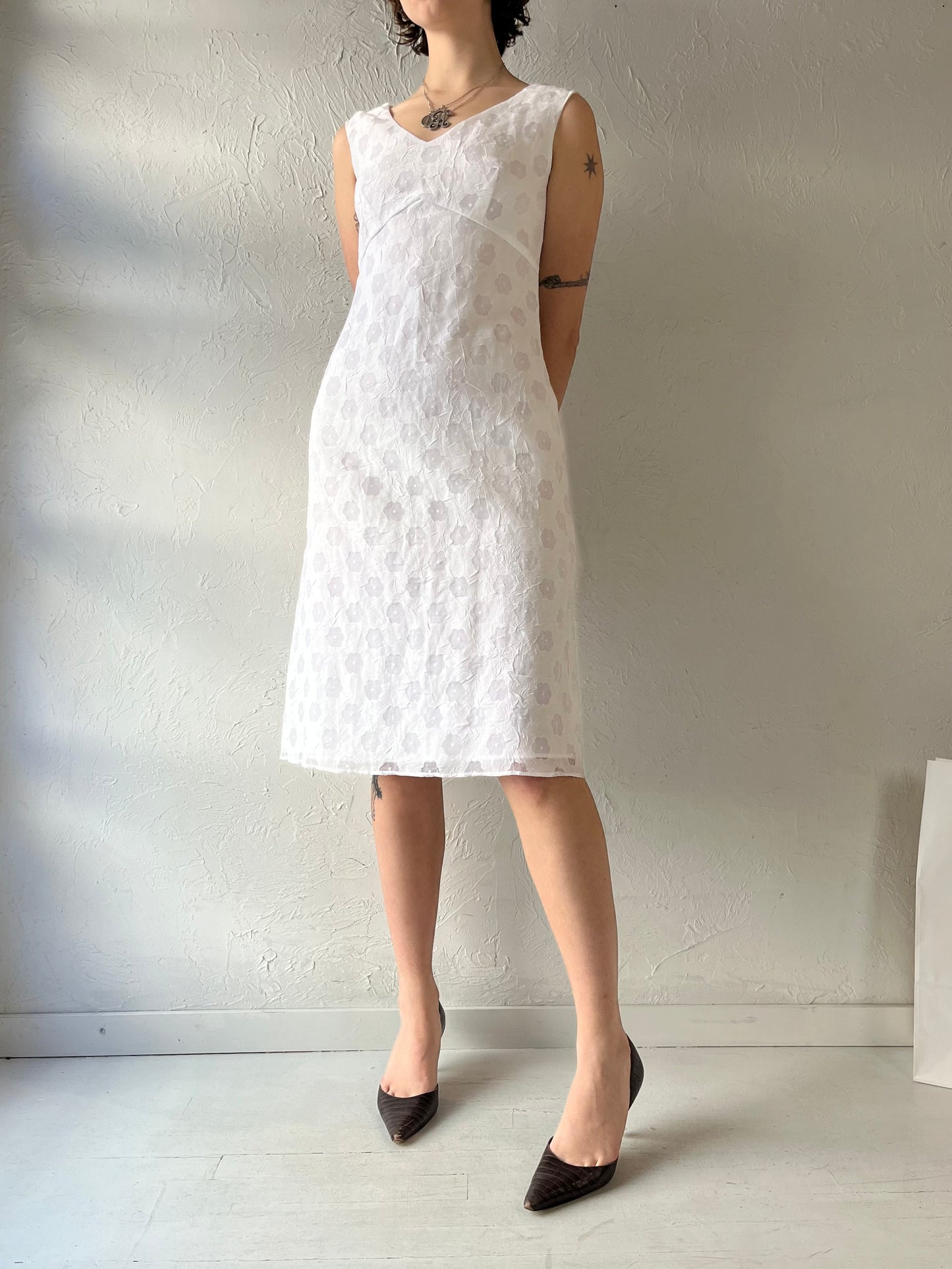 90s 'M Collection' White Flower Dress / Medium