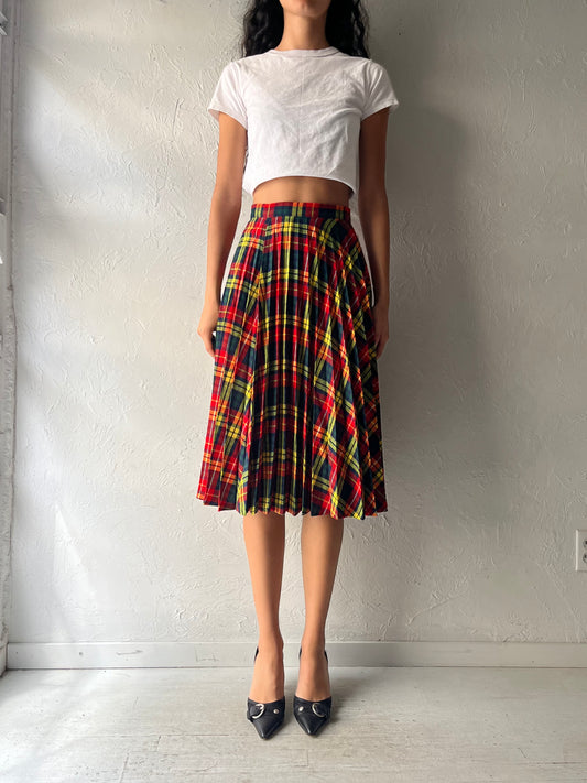70s 'Barakett' Pleated Plaid Knit Midi Skirt / XS