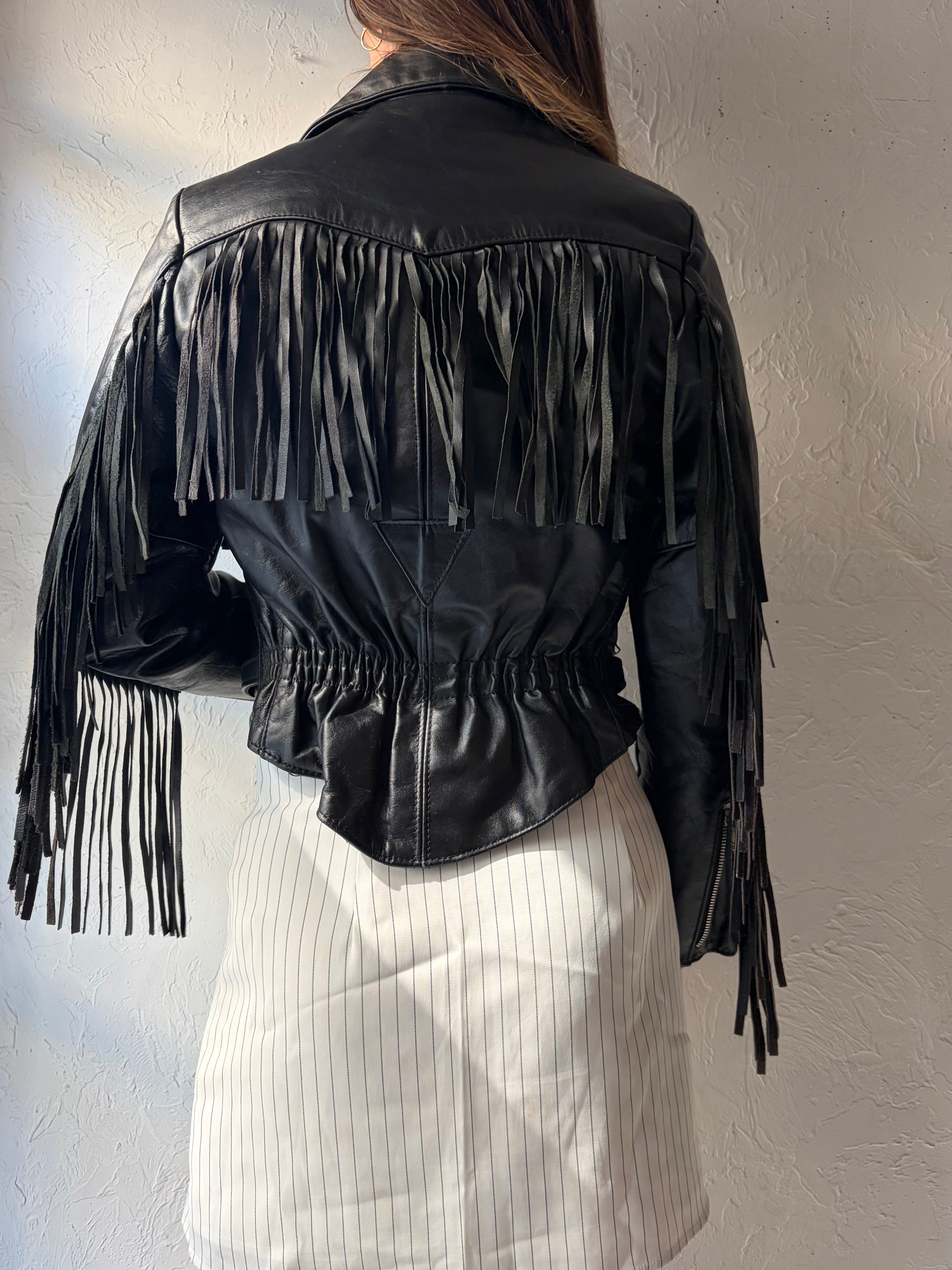 90s 'All American Rider' Black Leather Fringe Moto Jacket / Small