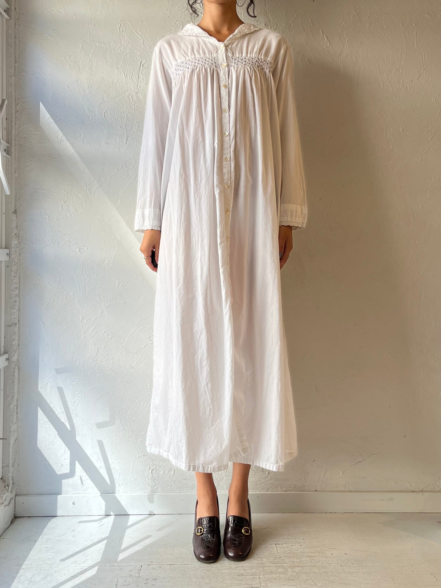 90s 'April Cornell' White Cotton Maxi Dress / Small - Medium