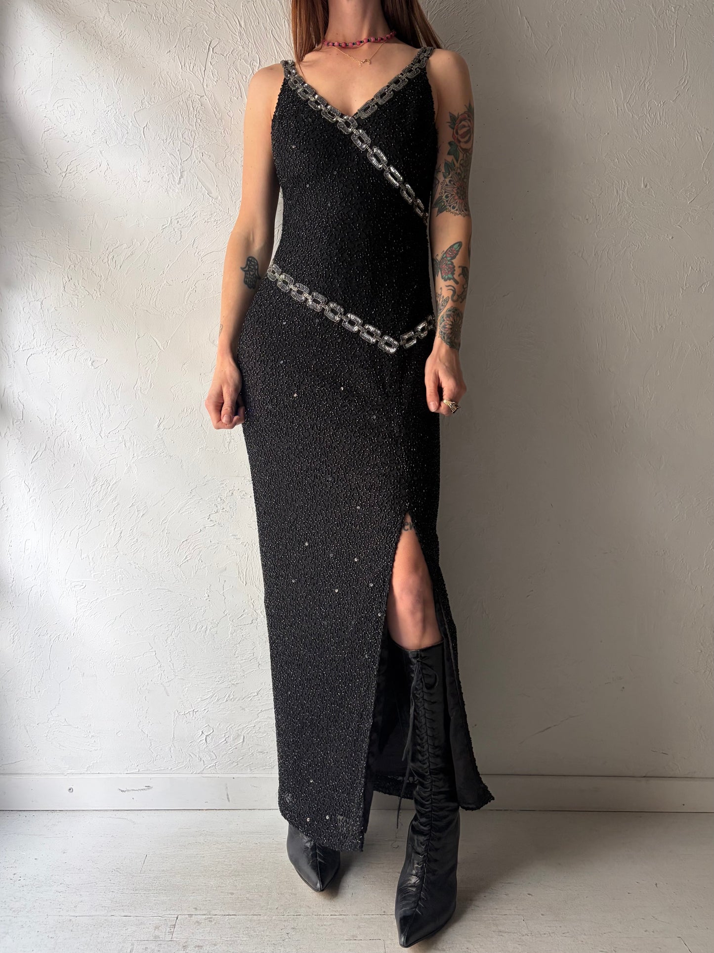 80s 'Scala' Black Beaded Retro Formal Party Maxi Dress / Medium